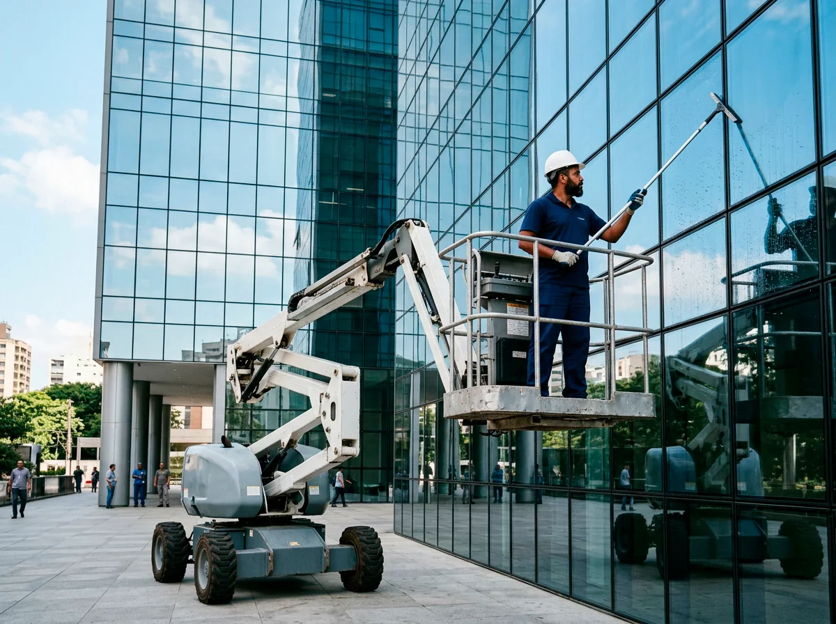 Profissional em plataforma elevatória articulada limpando fachada de vidro