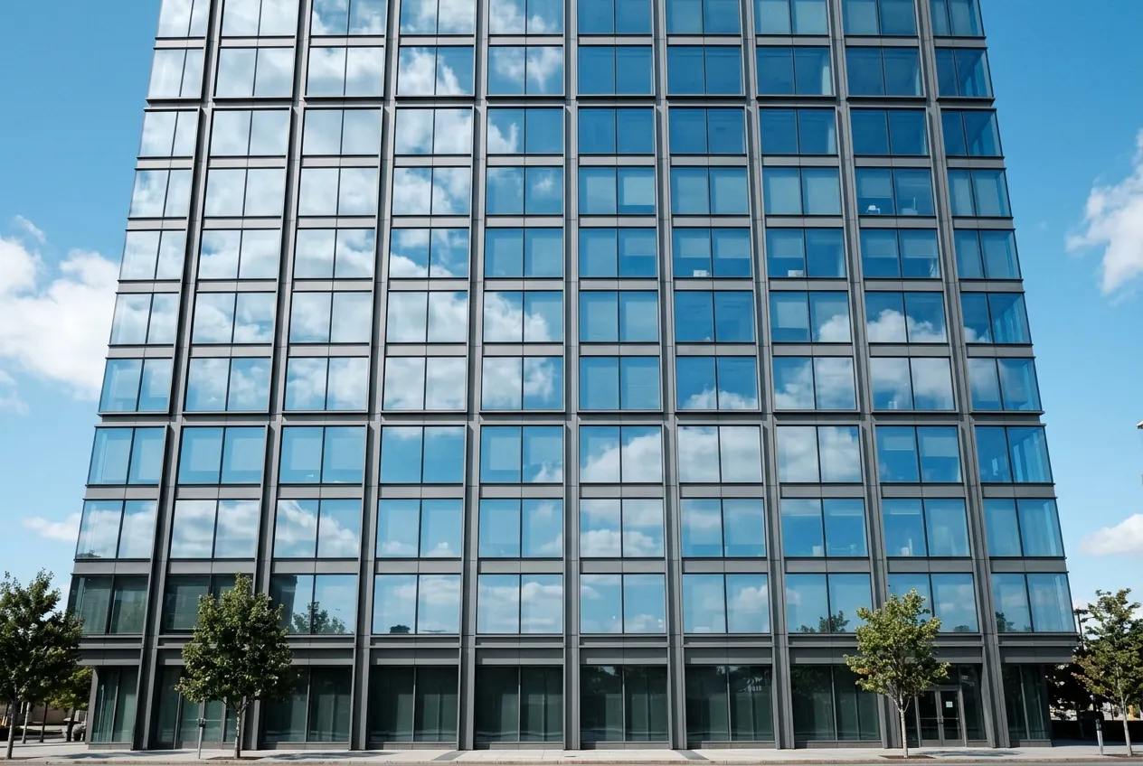 Fachada de vidro limpa refletindo o céu azul