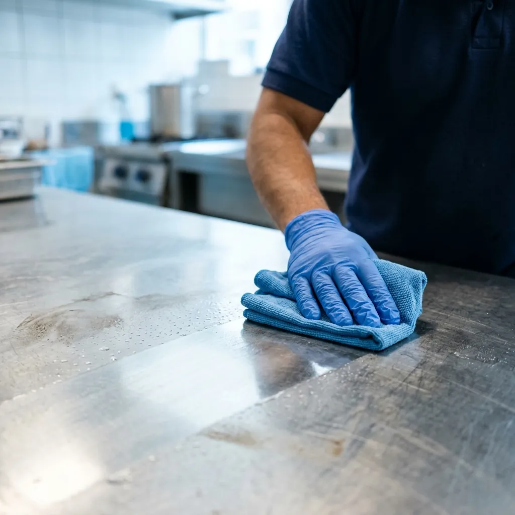 Mãos de luvas limpando uma superfície de aço inox
