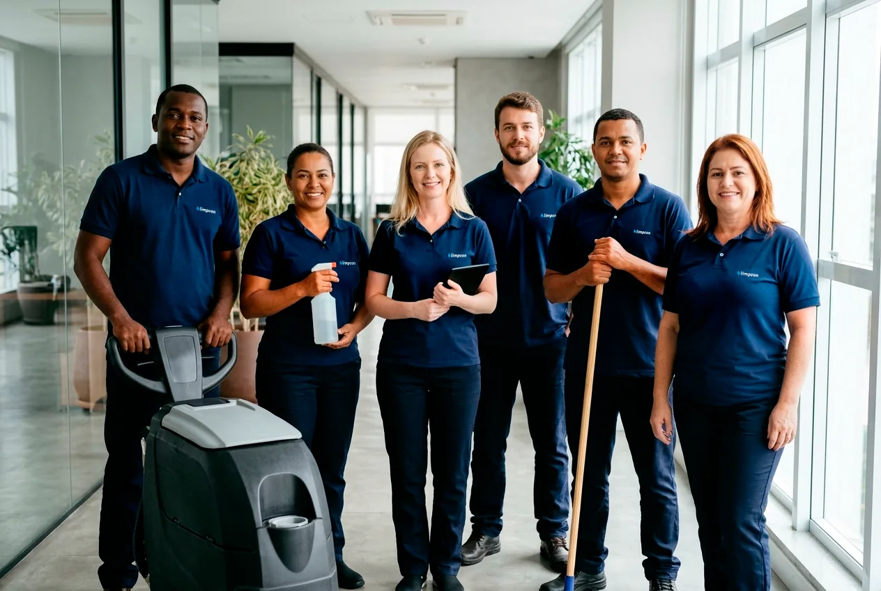 Equipe de seis profissionais de limpeza uniformizados, com a logo da Limpcon na camiseta, em um corredor corporativo iluminado