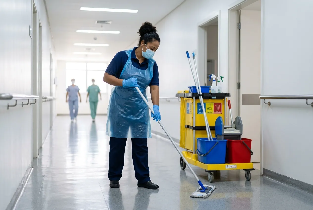 Corredor hospitalar limpo com profissional de luvas e máscara