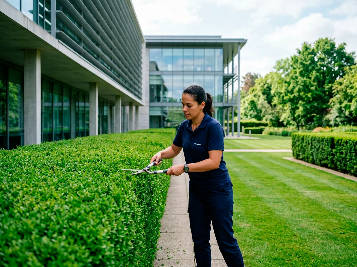 Jardineiro aparando uma cerca viva em frente a prédio corporativo