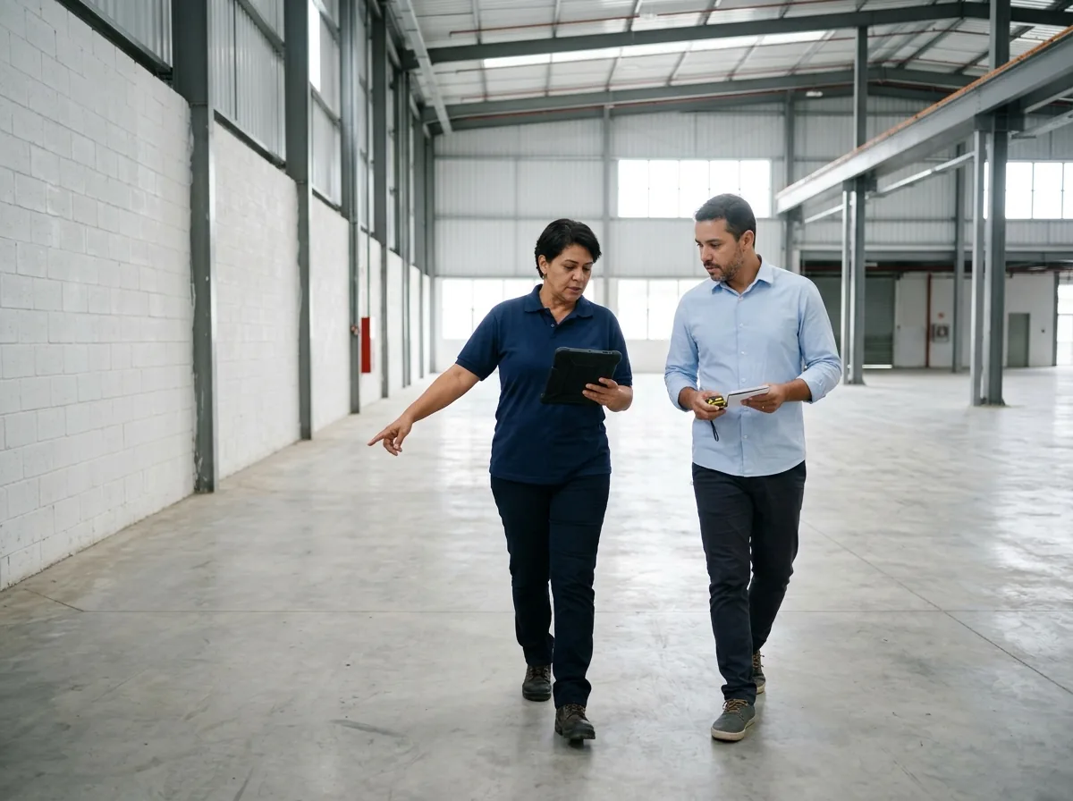 Supervisor com tablet percorrendo um espaço comercial junto com o gestor do cliente