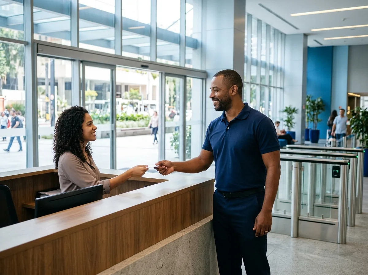 Porteiro atendendo visitante na recepção de um prédio corporativo