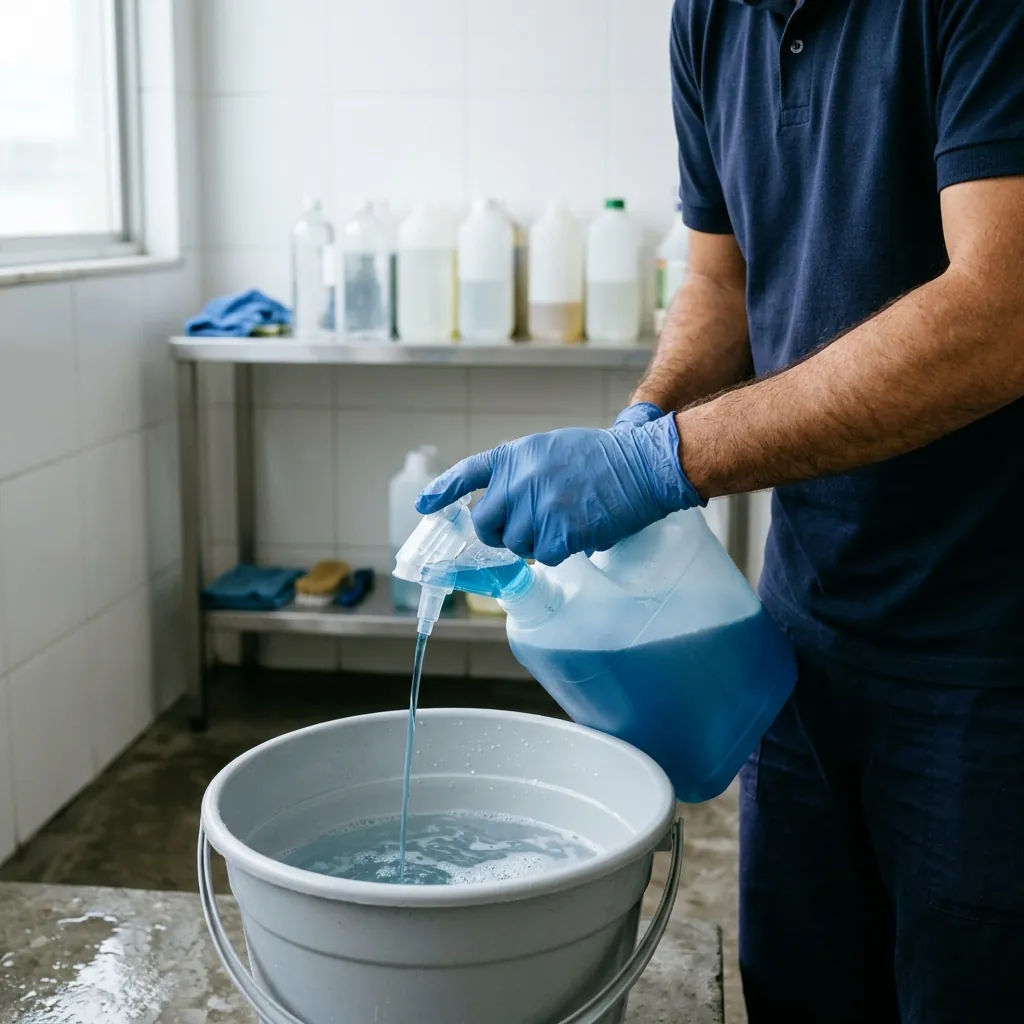 Técnico diluindo produto de limpeza concentrado com medida precisa