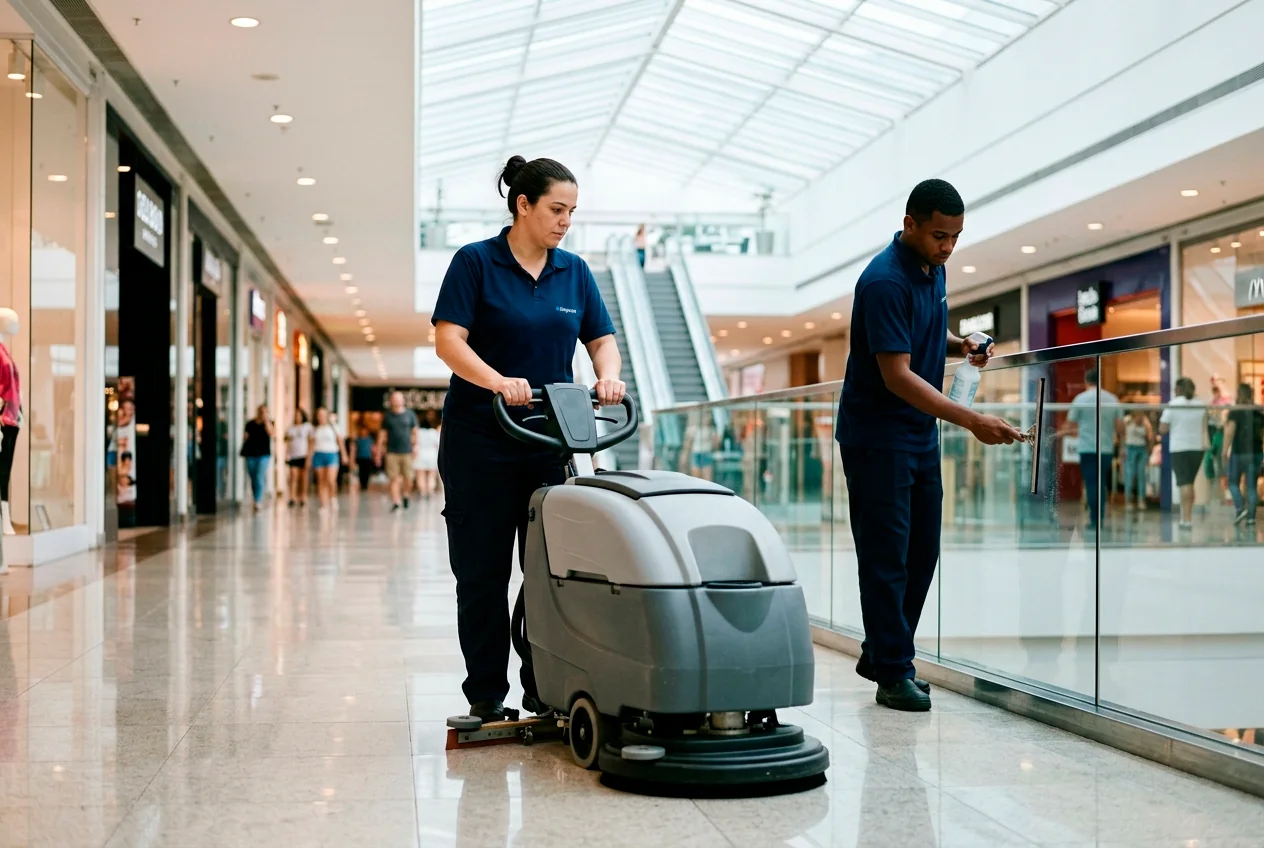 Profissional polindo o piso de um centro comercial